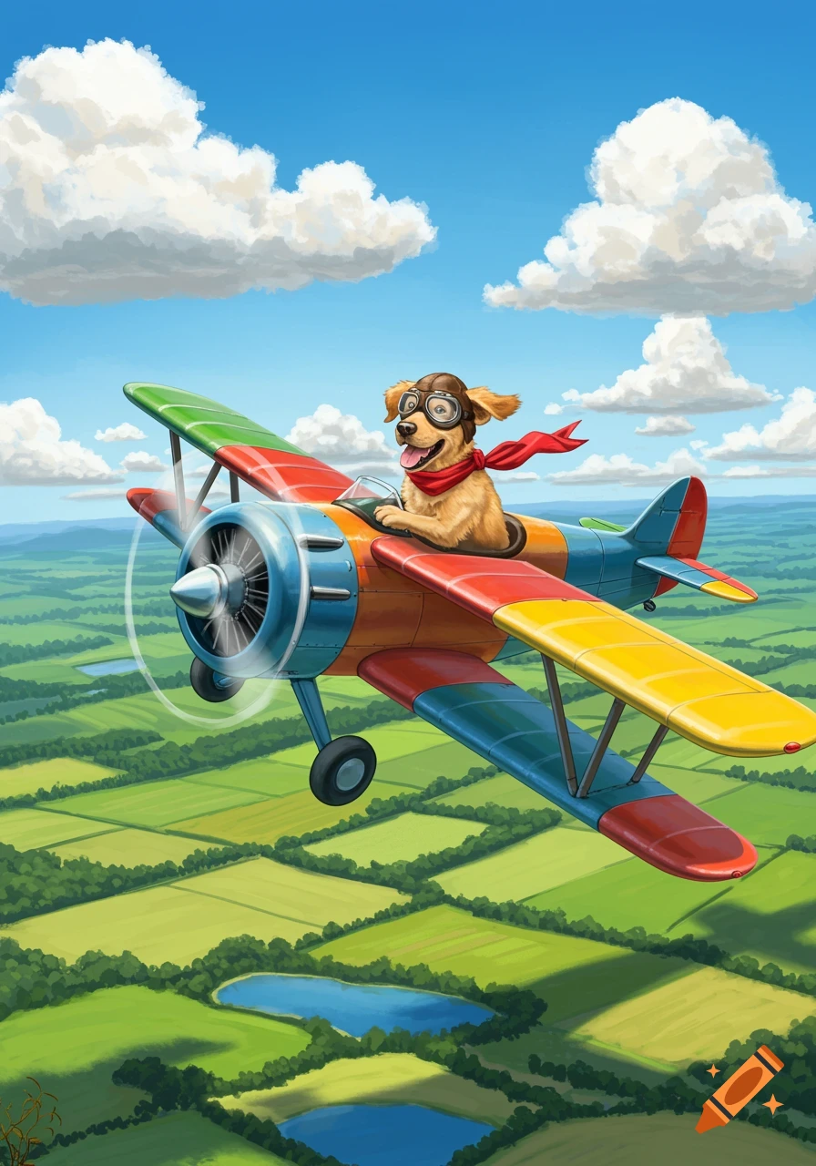A cheerful golden retriever wearing aviator gear flies a colorful biplane over a green landscape with blue lakes.