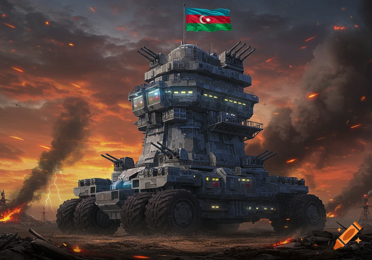 Gigantic armored sci-fi tower with enormous wheels and an Azerbaijani flag, set in a war-torn landscape under a red sky.