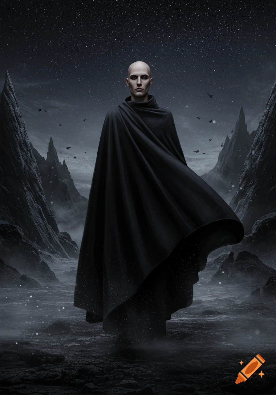 A bald man in a black cloak stands in a dark, rocky, misty landscape under a starry night sky.