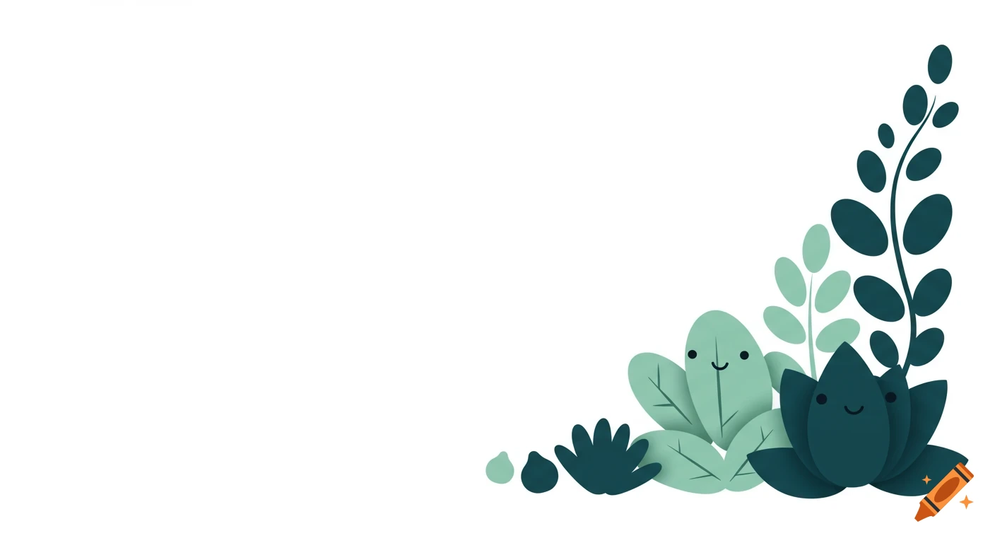 Cute stylized plants with smiling faces in shades of green and teal, arranged in the bottom right corner of a white background.