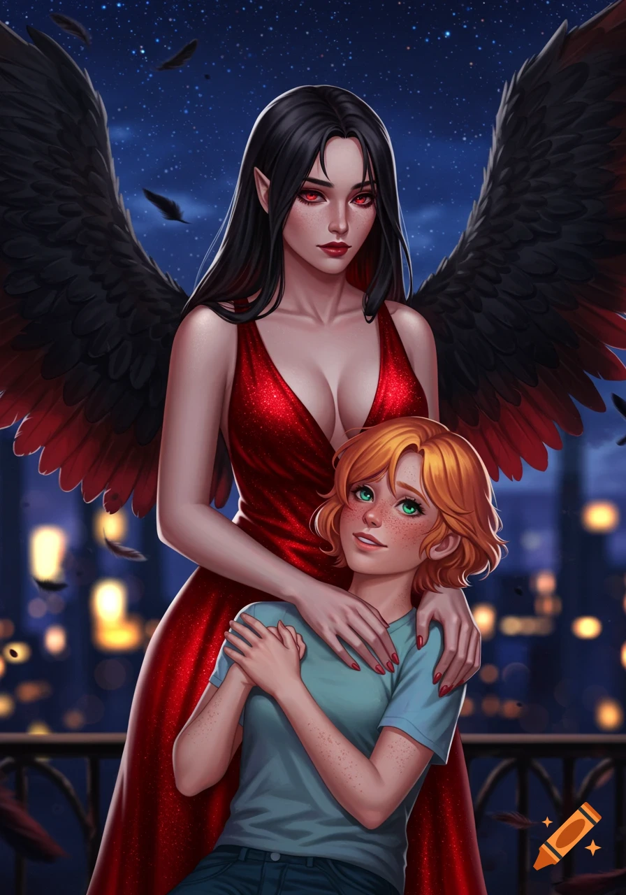 An anime-style digital painting of a tall woman with black wings and red eyes in a red dress, holding a shorter woman with orange hair and green eyes, against a night city background.