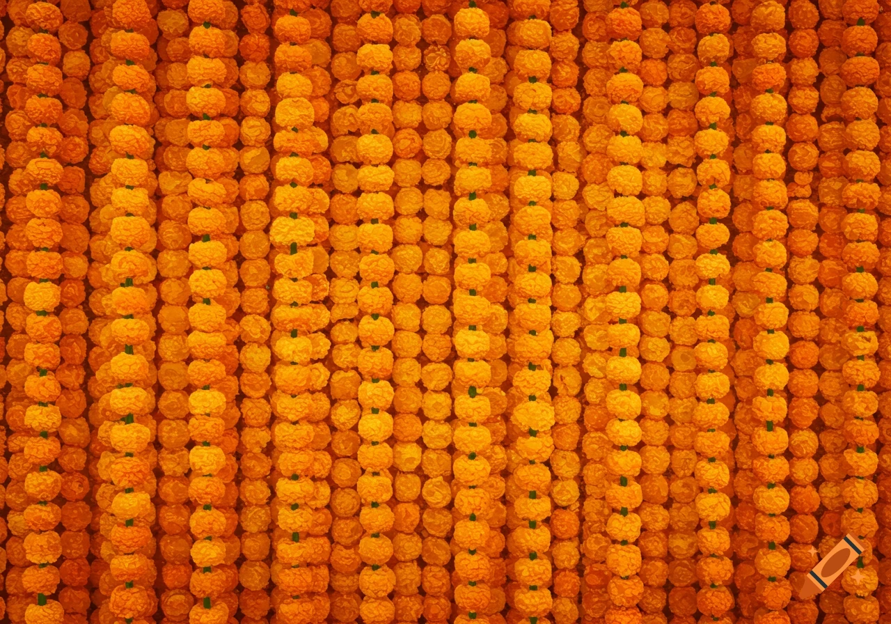 Close-up of numerous vertical strands of bright orange and yellow marigold flower garlands.