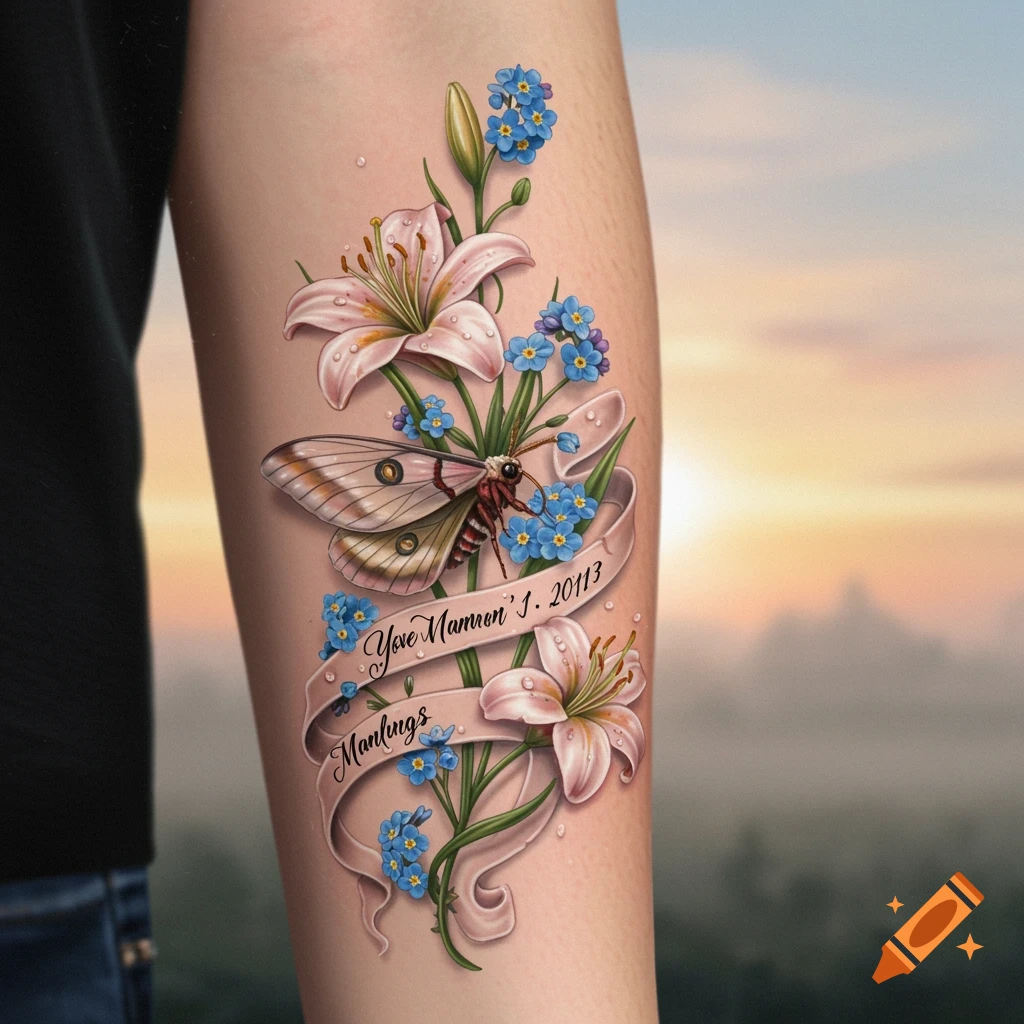 Photorealistic tattoo of a moth, lilies, and blue forget-me-not flowers with a ribbon on a person's arm, set against a blurred sunset background.