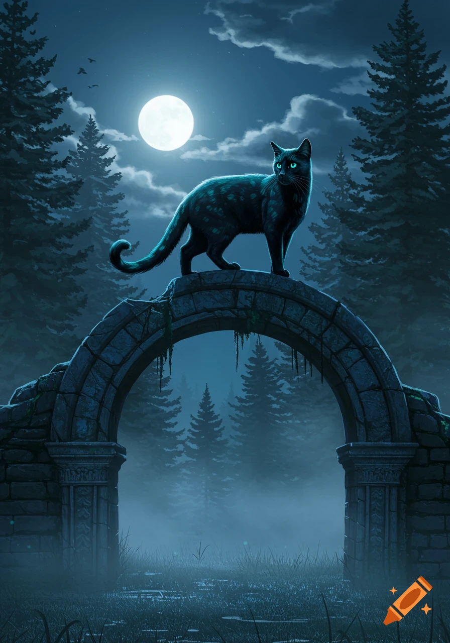 A black cat with glowing green eyes stands on a mossy stone archway in a mystical moonlit forest. Digital illustration.