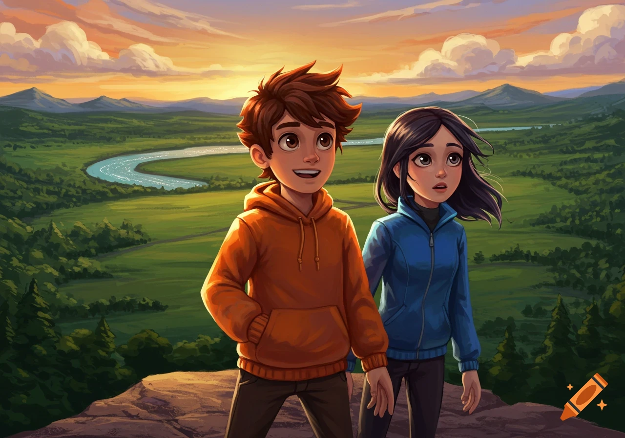 Cartoon illustration of a boy and girl on a cliff overlooking a river valley and mountains at sunset.