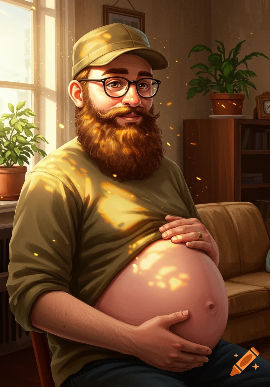 A digitally illustrated man with a long brown beard, khaki cap, and glasses, holding his large pregnant belly while sitting in a sunlit room.