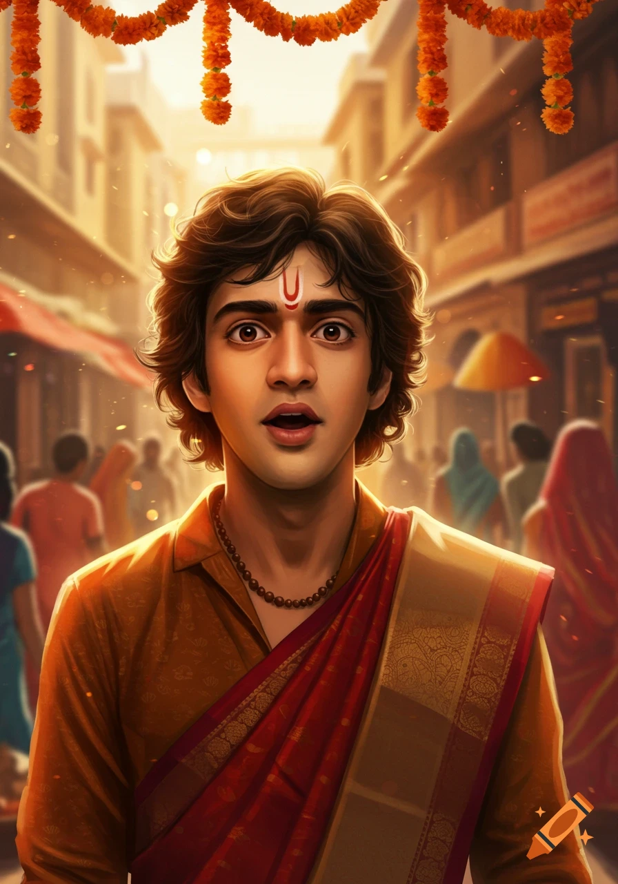A shocked young Indian man in traditional attire stands on a bustling, garland-decorated street in a digital illustration.