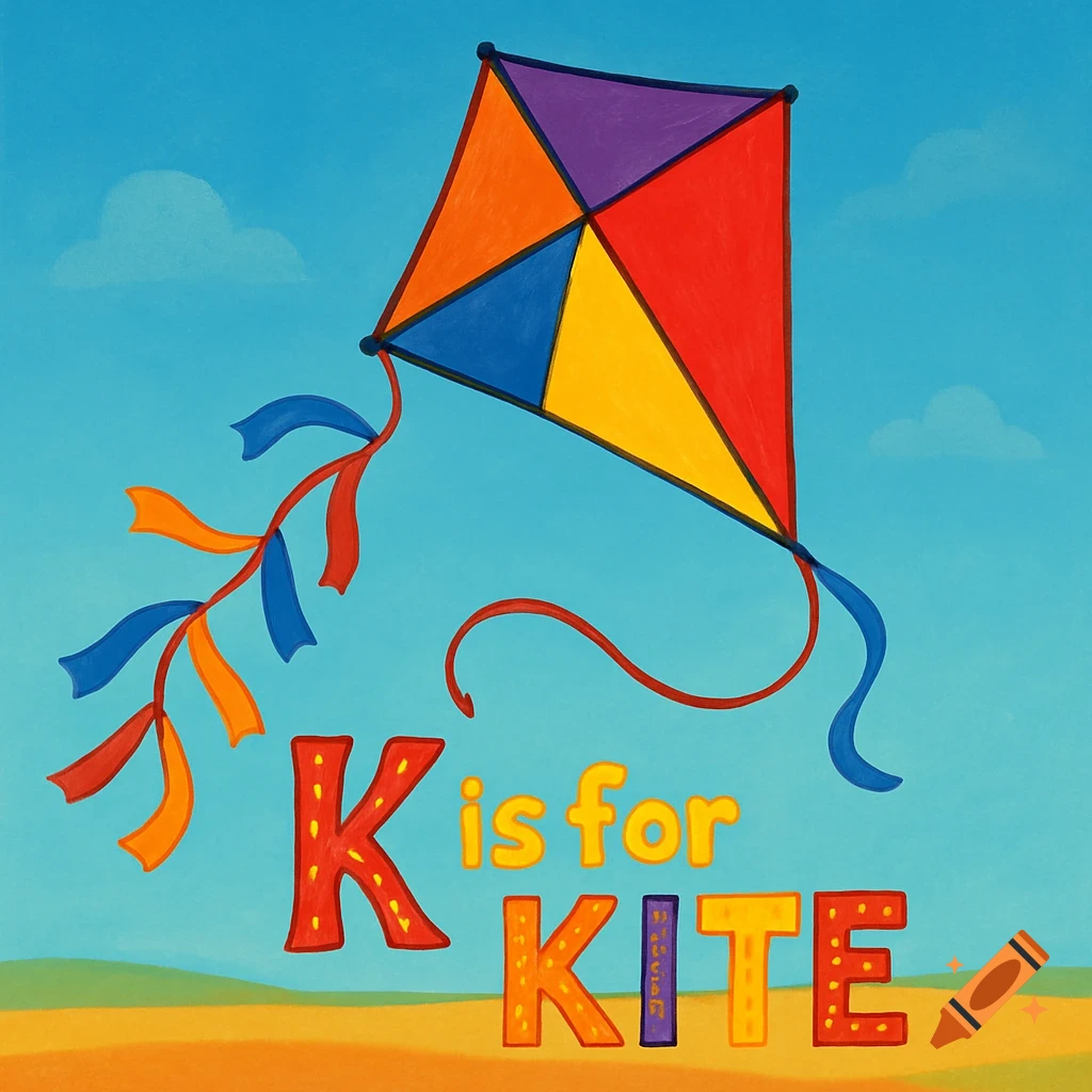 A colorful kite flies in a bright blue sky above sandy ground. Text reads 'K is for KITE'.