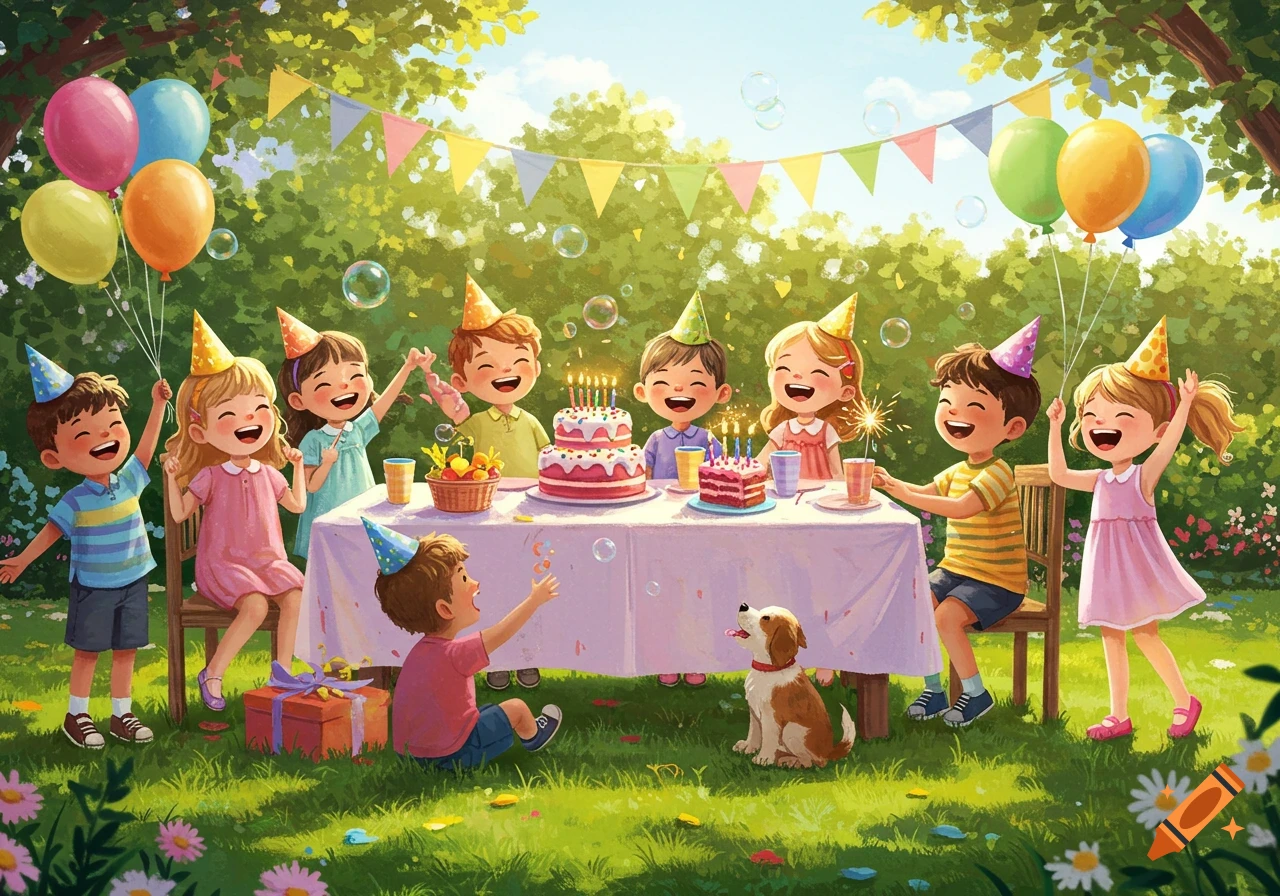 Happy children and a dog celebrate a birthday party outdoors with cakes, balloons, and gifts in a bright, illustrative style.