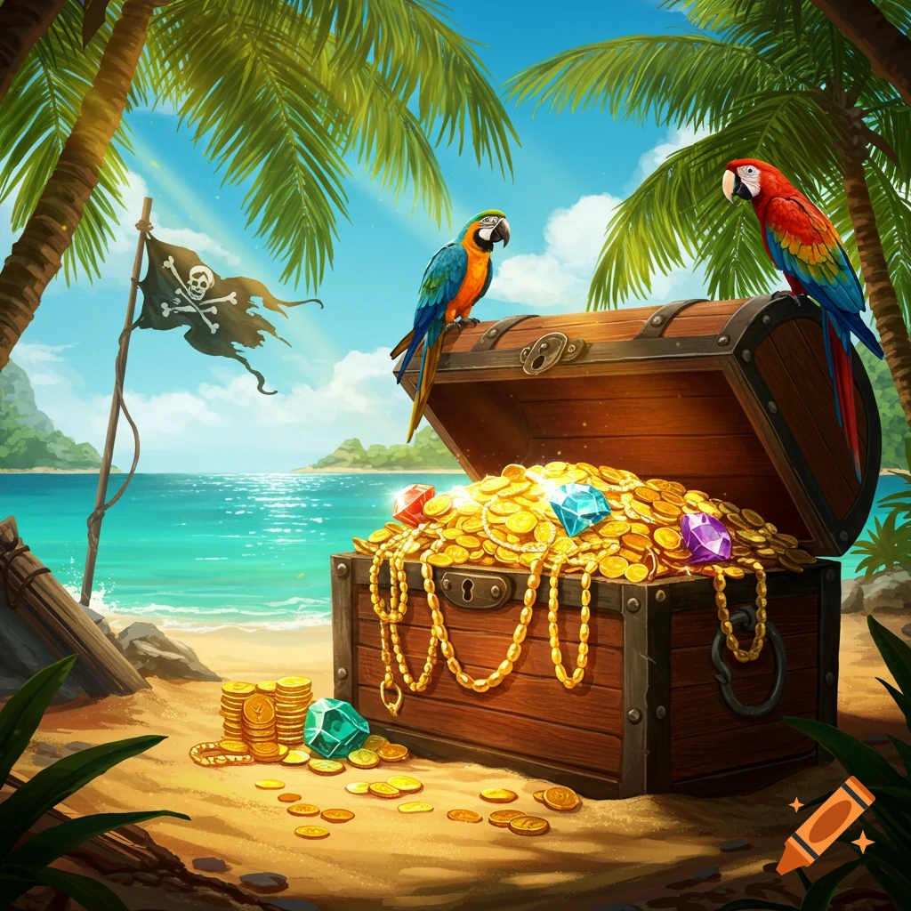 A wooden pirate treasure chest overflowing with gold and jewels sits on a tropical beach, with parrots and a skull flag.