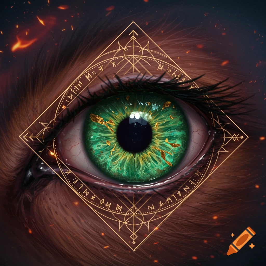 A mystical green eye with golden flecks, enclosed by a glowing alchemical symbol on a dark, fiery background.