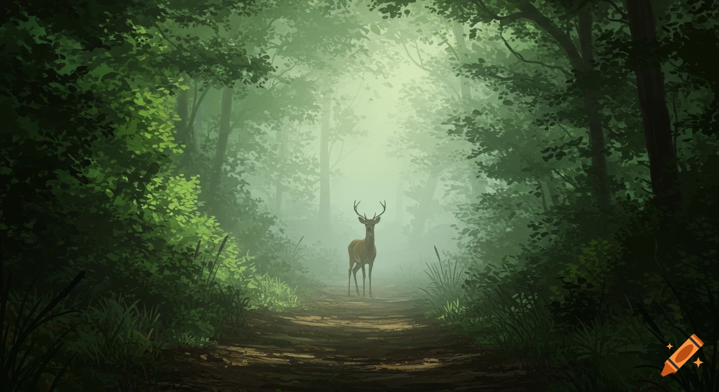 An artistic illustration of a deer on a misty forest path surrounded by lush green trees.