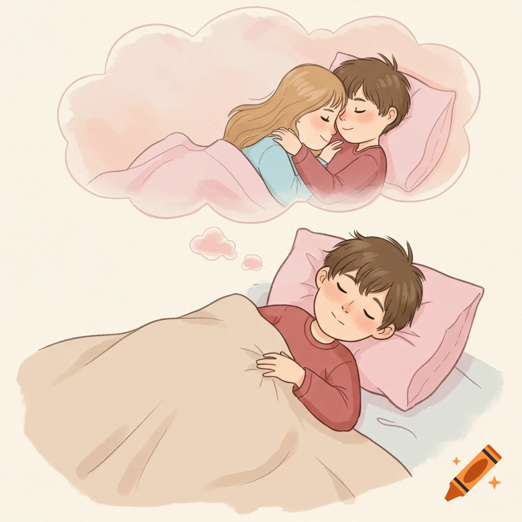 A sleeping boy dreams of embracing a girl in bed under a pink blanket. Cartoon illustration style.