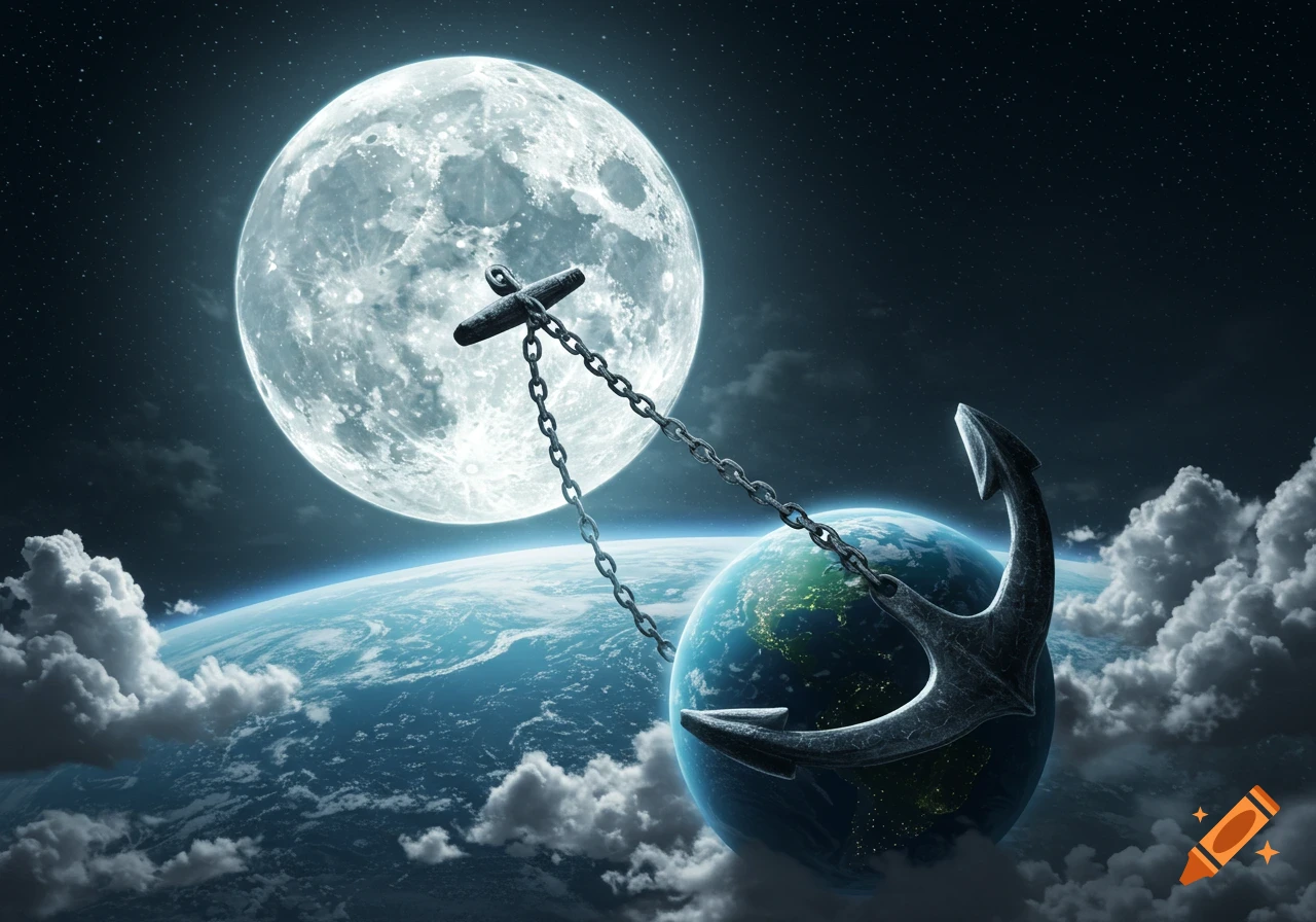 A giant full moon hangs in the starry night sky above a cloudy Earth, with a massive anchor chained from the moon to the Earth. Digital art.