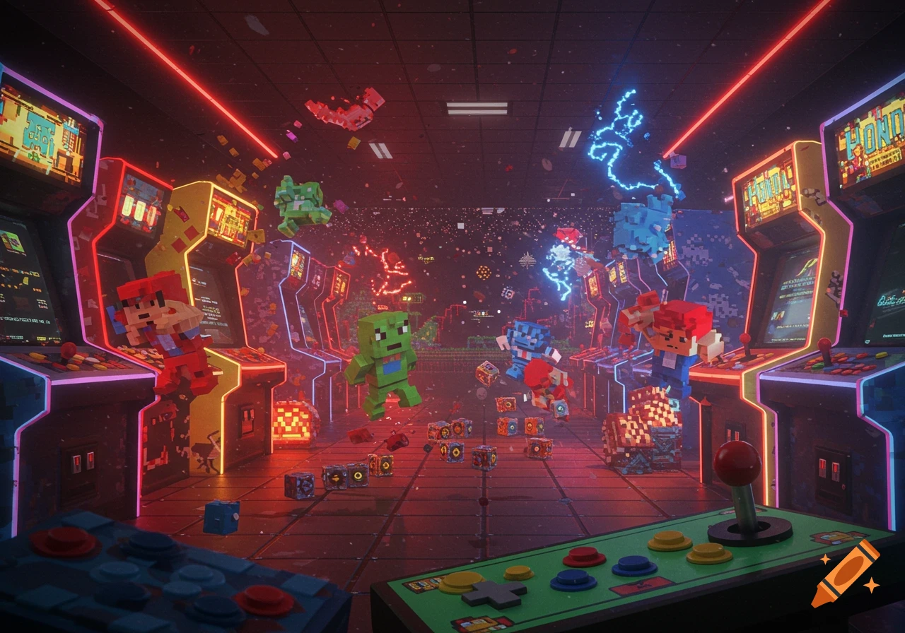 A vibrant pixelated retro arcade scene featuring classic game characters like Mario and a Minecraft Creeper, surrounded by glowing neon arcade machines and scattered game elements.