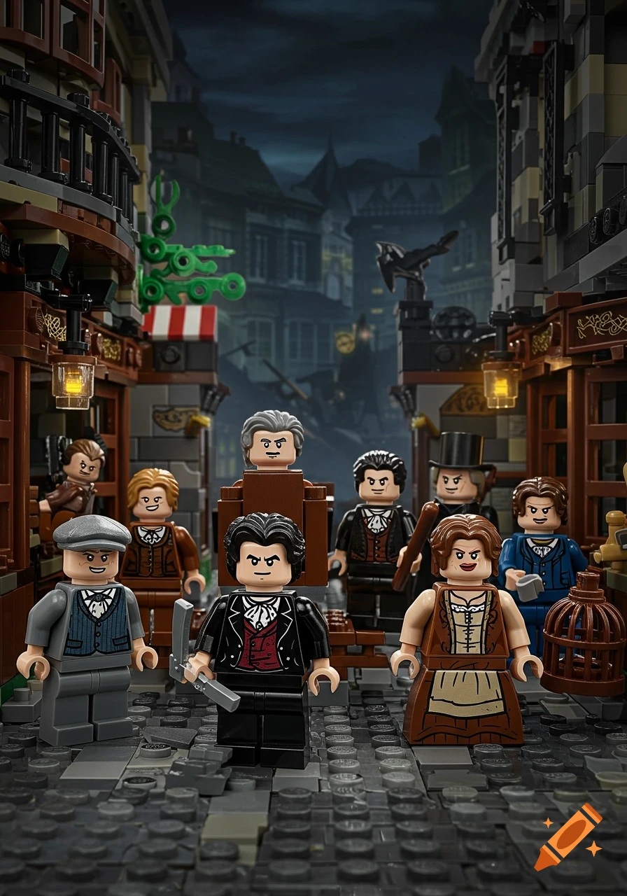 Realistic Lego set depicting Sweeney Todd characters on a dark, atmospheric Victorian street.
