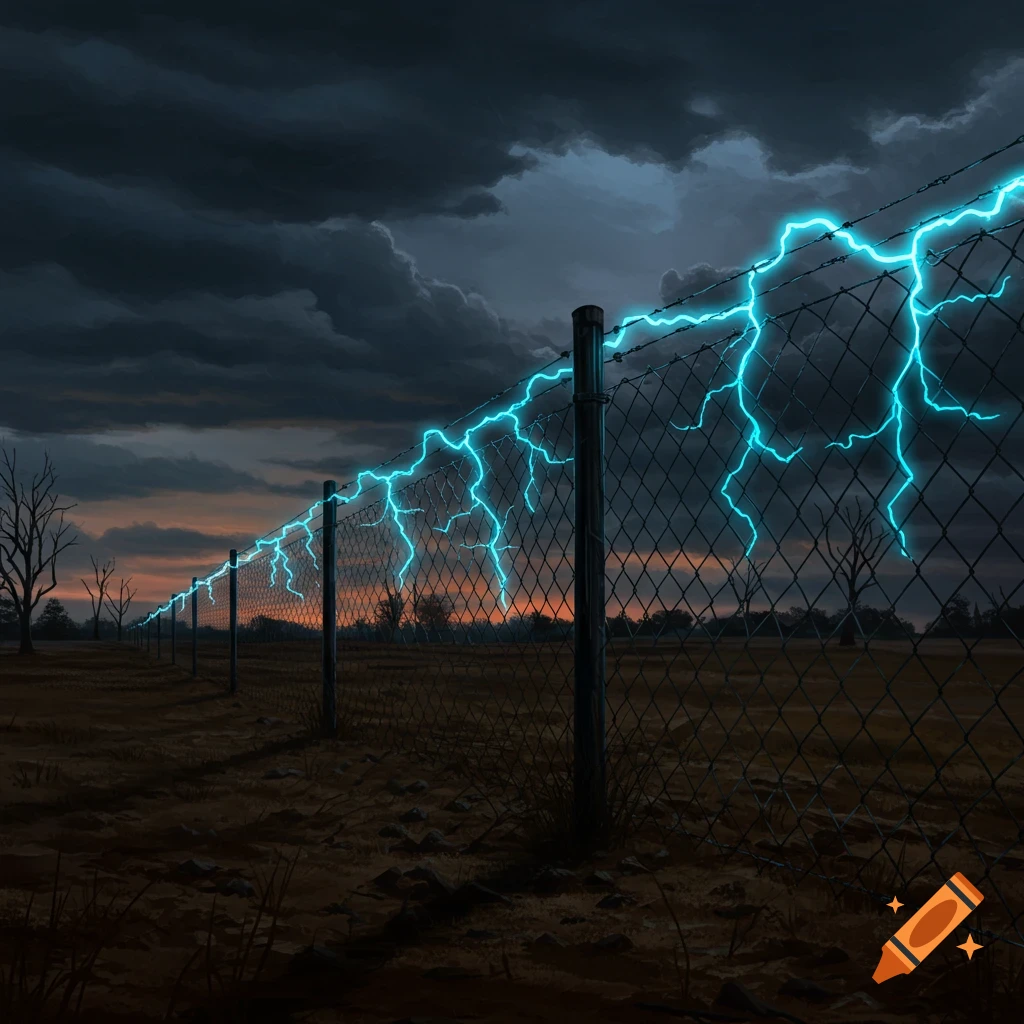 A long chain-link fence stretches across a barren field under a dark, stormy sky, with vivid blue electricity crackling along the top barbed wire.