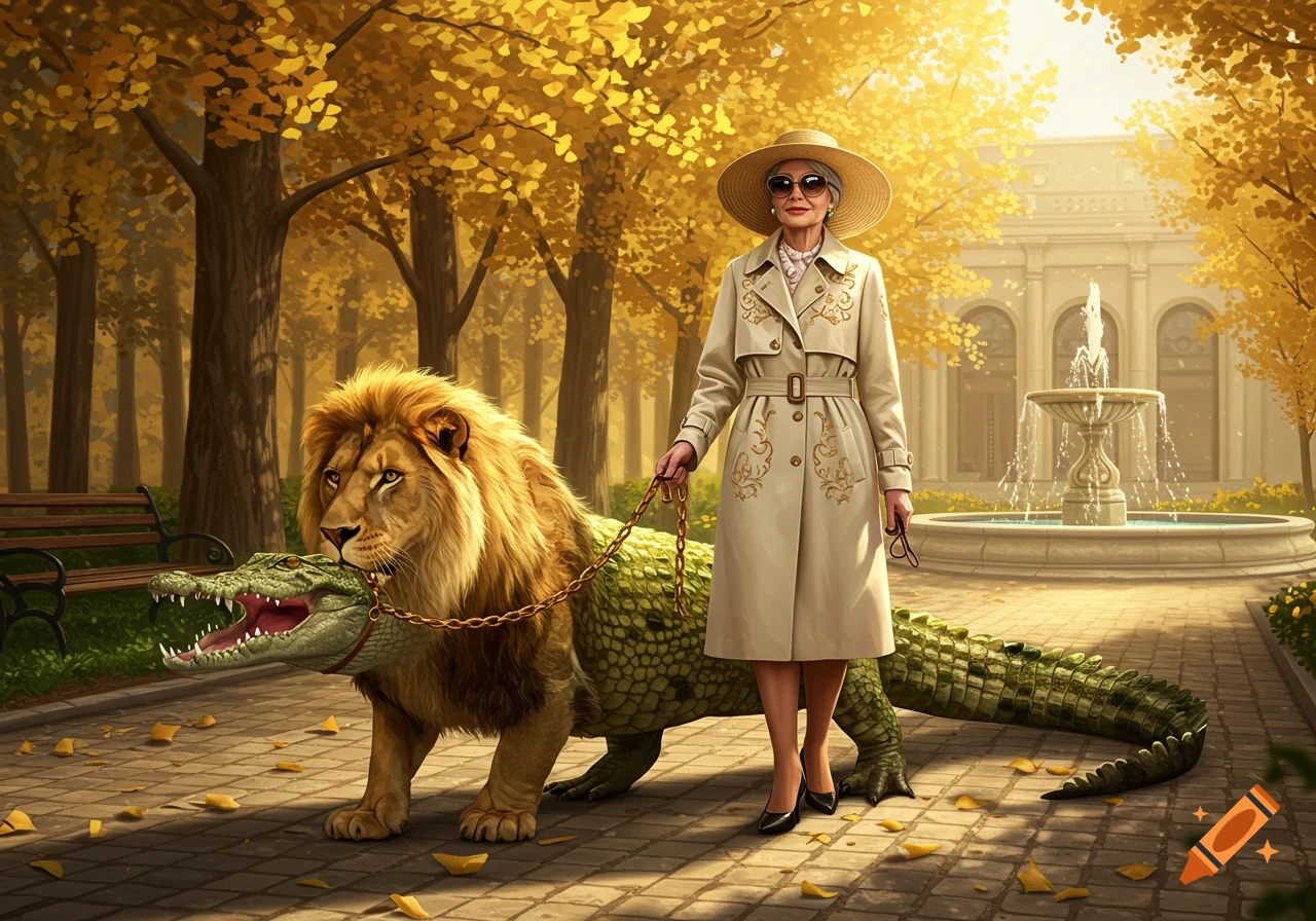 An elderly woman in a trench coat walks a lion-crocodile hybrid on a leash through an autumn park with a fountain.
