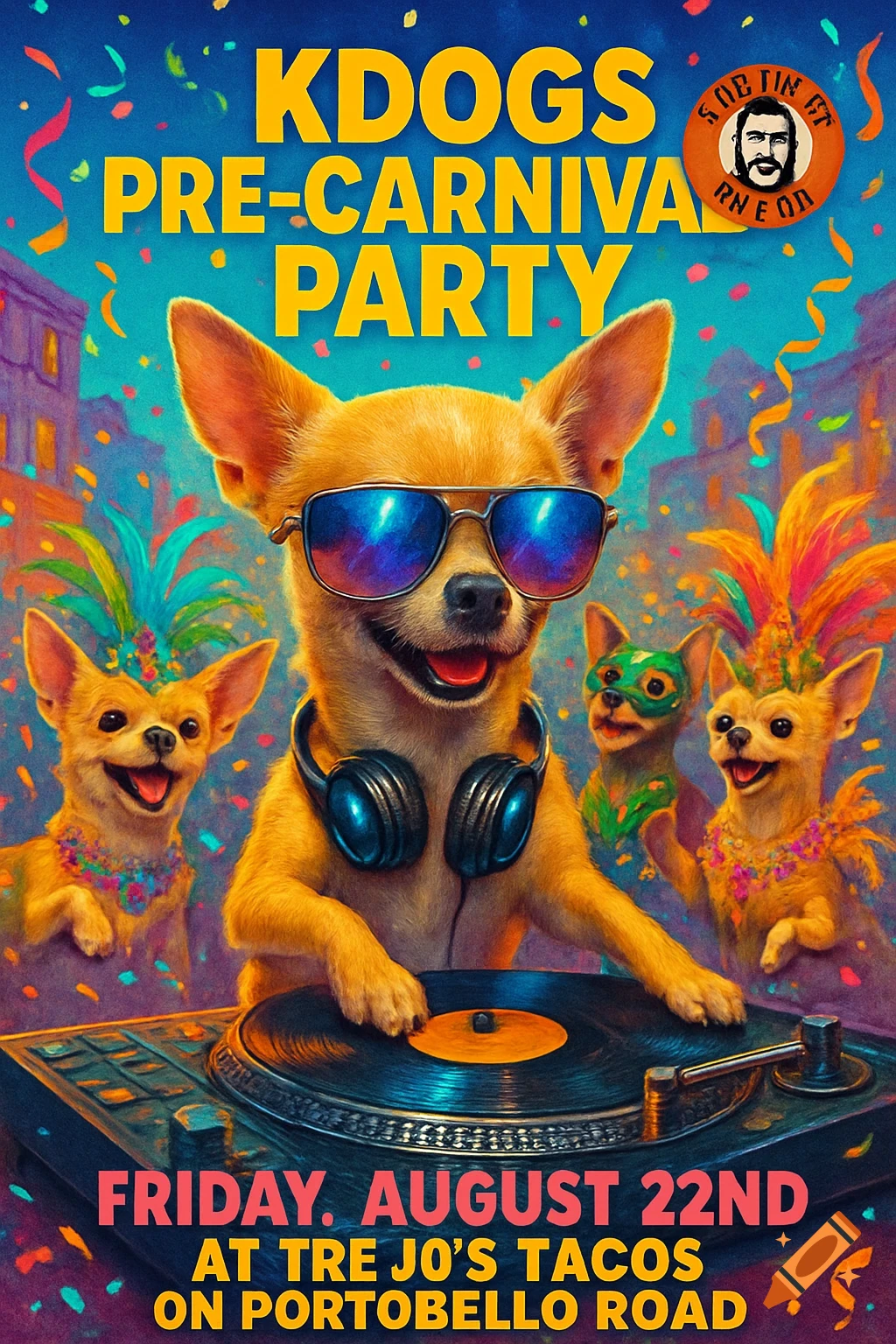 A colorful party flyer featuring a Chihuahua DJing with sunglasses and headphones, surrounded by other Chihuahuas in carnival outfits, with text for a pre-carnival party.