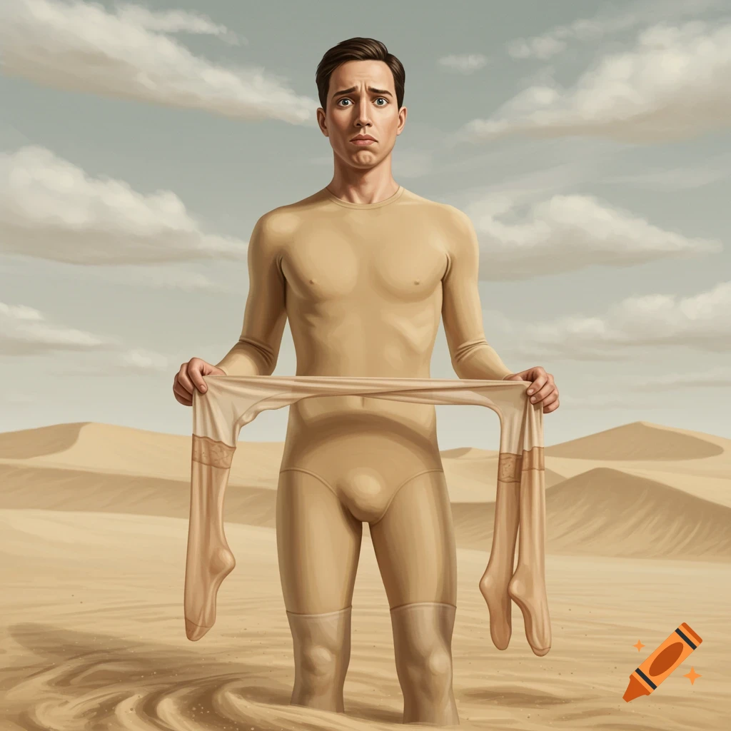 A man in a beige unitard with a nervous expression holds pantyhose in a desert landscape.
