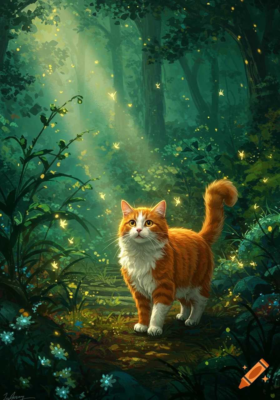 An orange and white cat stands in a magical, glowing forest with light beams and small, luminous creatures.