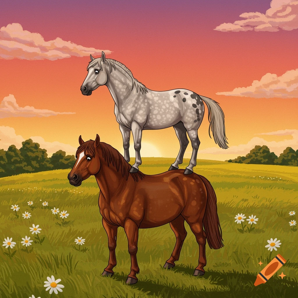 A brown horse standing in a field with daisies, with a spotted white horse standing on its back, against a sunset sky in an illustrative style.