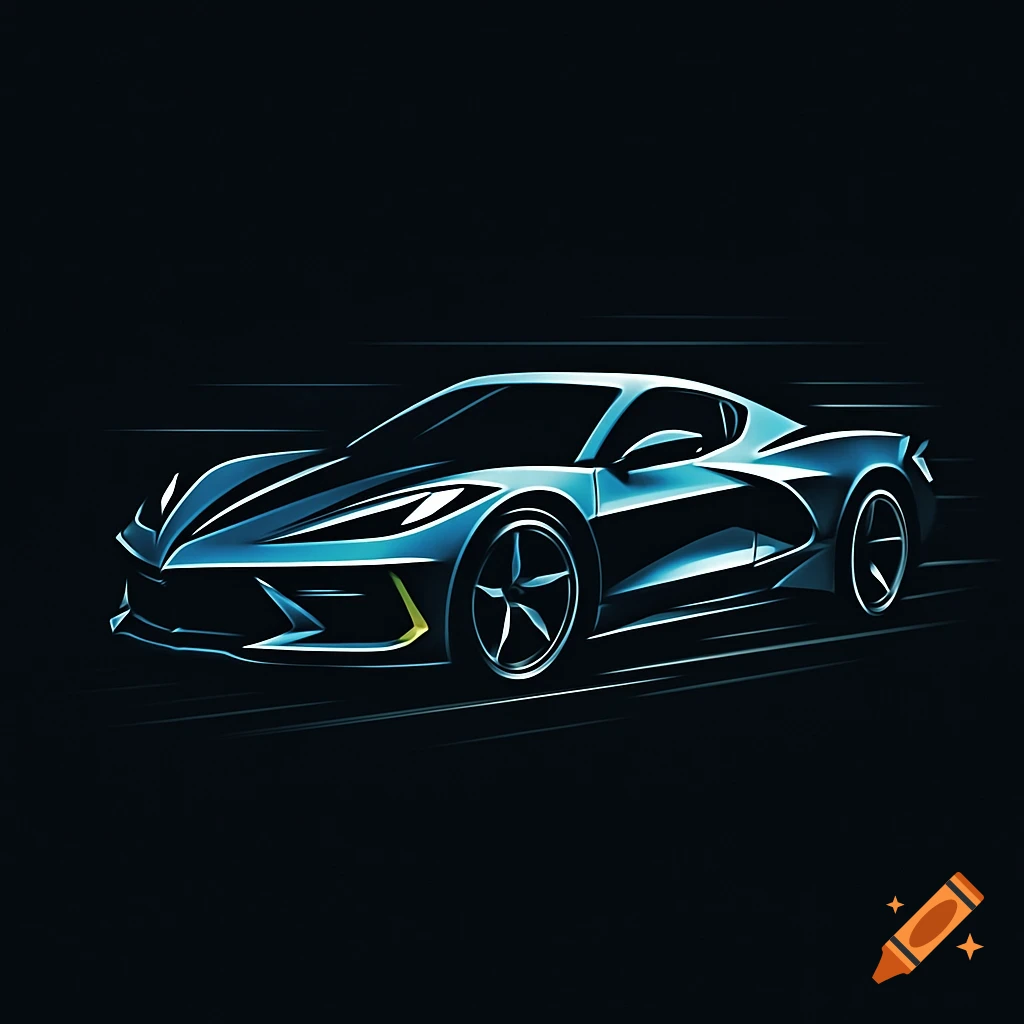Stylized blue Chevrolet C8 Corvette sports car illustration against a dark background with glowing lines, resembling a logo.