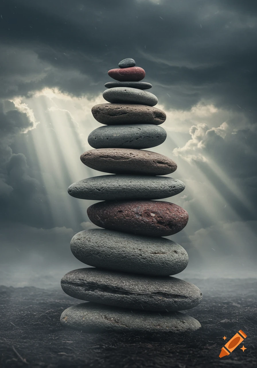 Photorealistic image of a cairn of stacked rocks under a stormy sky with sun rays breaking through.