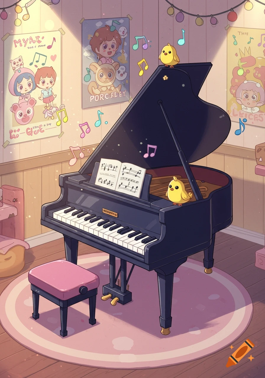 A cute cartoon grand piano in a brightly lit room with whimsical posters, floating musical notes, and two yellow chicks.