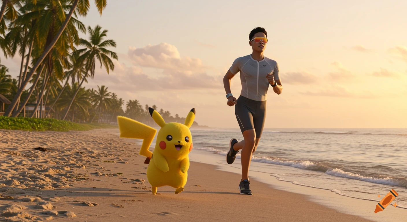 A person in sportswear runs on a sandy beach next to Pikachu with palm trees and ocean in the background at sunset.