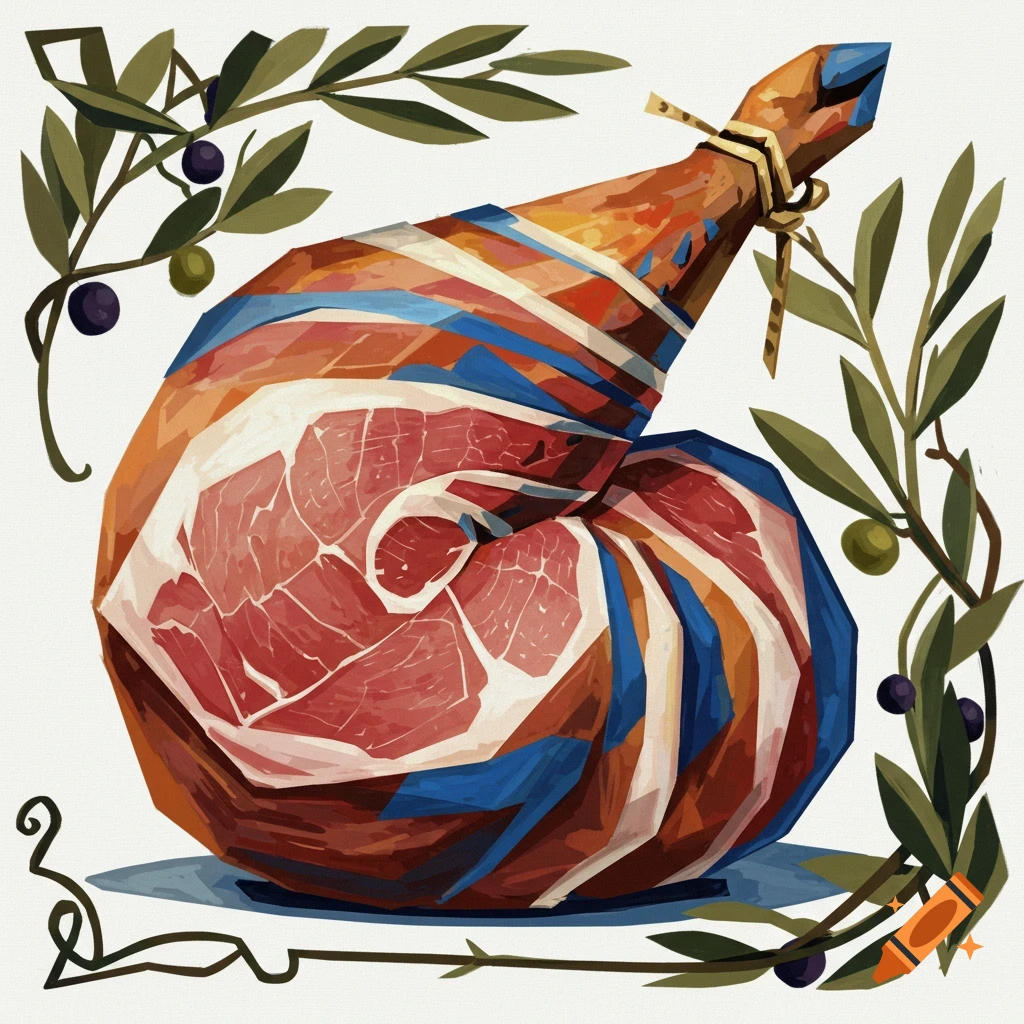A spiral cut ham with olive branches in a geometric Cubist style.