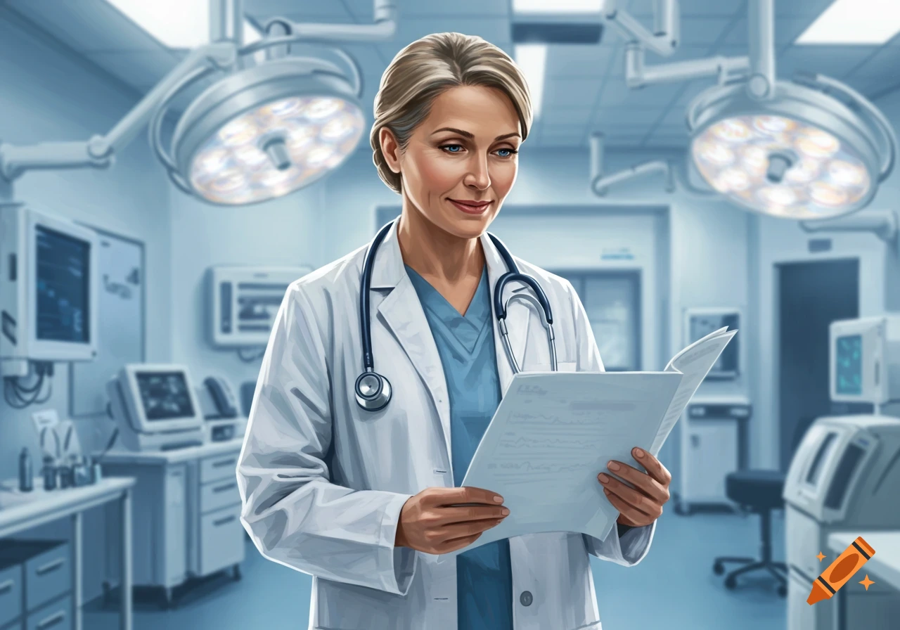 A female doctor in a white lab coat and blue scrubs holds papers in a medical operating room.