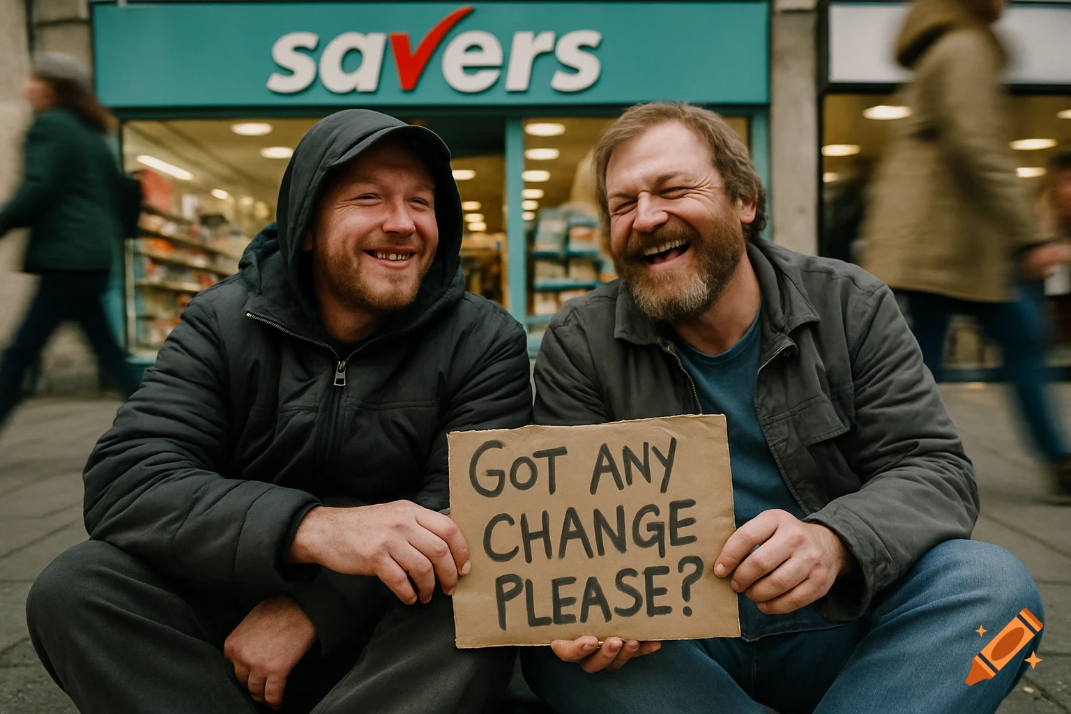 Photorealistic street scene of two laughing men sitting on a city pavement, holding a sign 'Got any change please?' in front of a Savers shop.