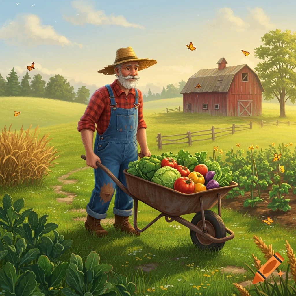 An old farmer pushes a wheelbarrow of fresh vegetables through a green field with a red barn and butterflies, in an illustration.