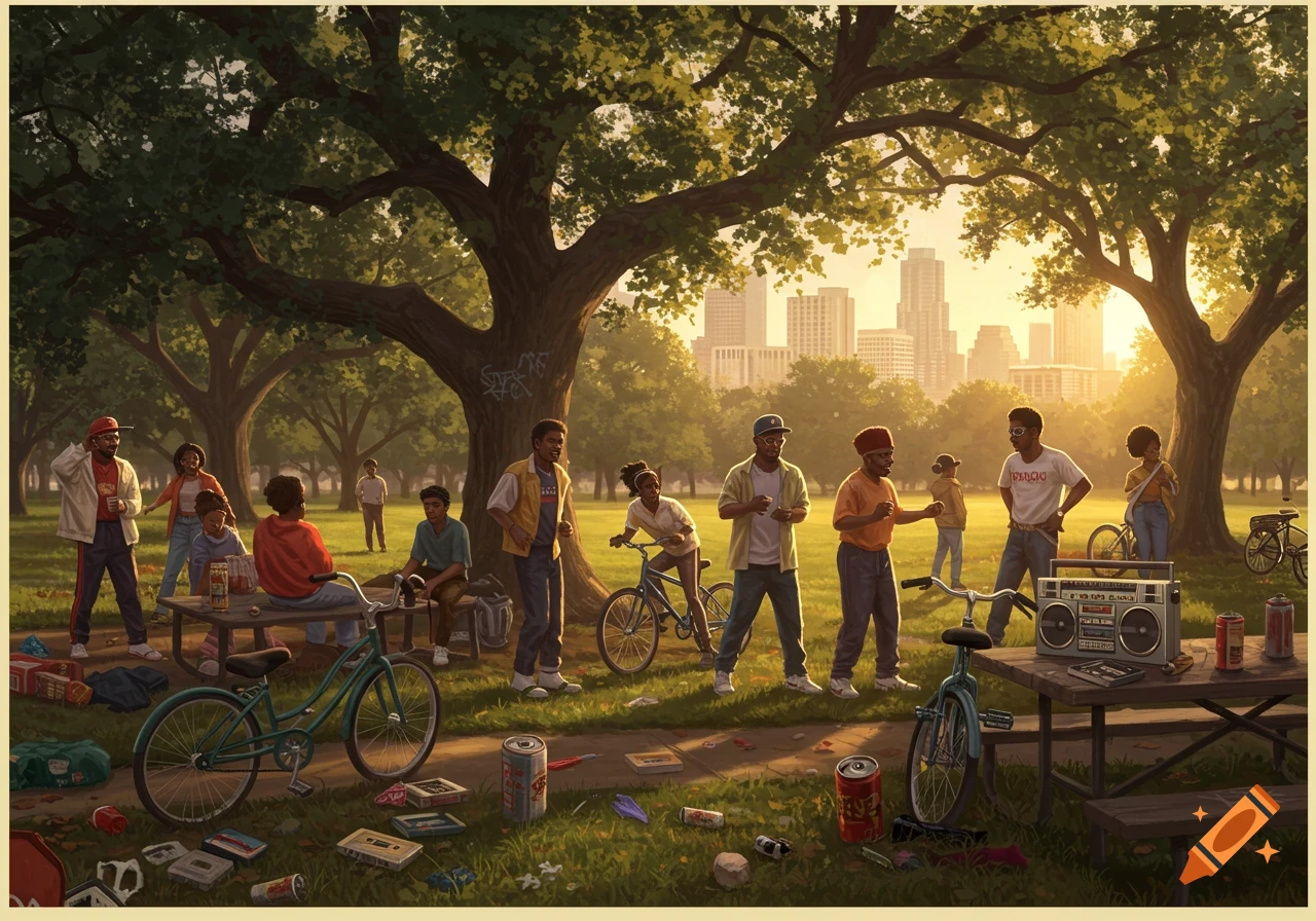 An illustration of a group of African Americans gathering in a park with large trees and a cityscape in the background, set during a golden hour.