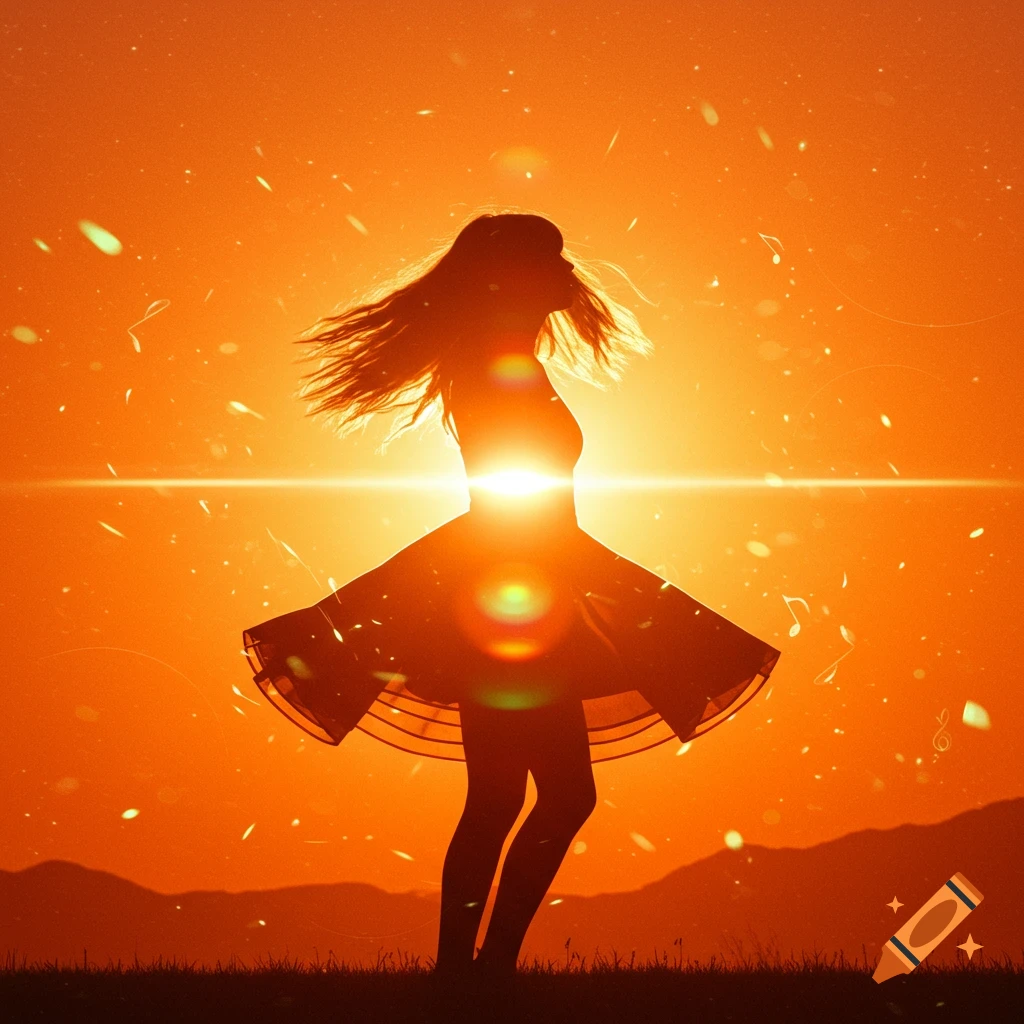 Silhouette of a person with flowing hair and a swirling dress against a bright orange sunset, with scattered light particles and musical notes.