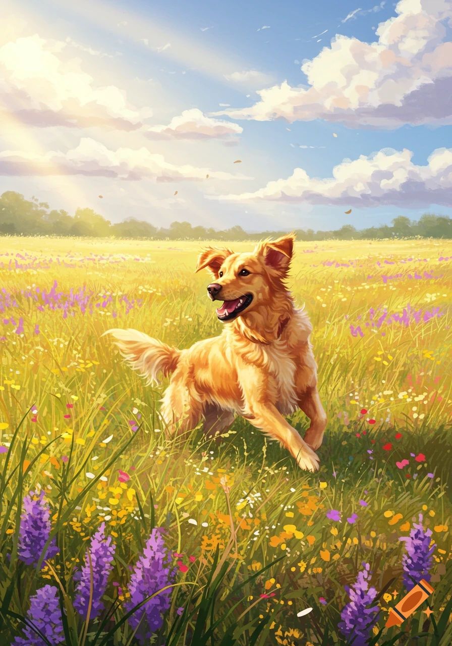 A happy golden retriever runs through a vibrant, sunny meadow filled with purple and yellow wildflowers in an illustrative style.