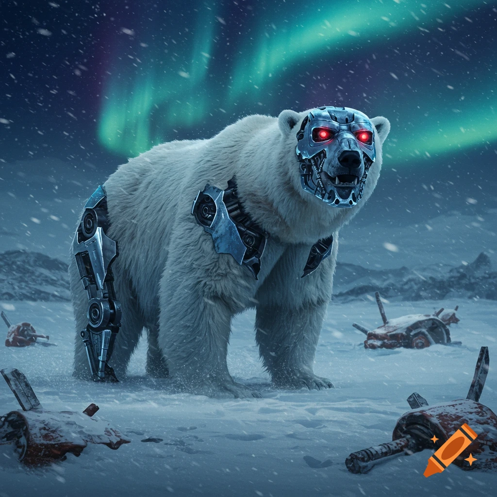 A photorealistic cyborg polar bear with red eyes stands in a snowy arctic landscape under the aurora, surrounded by damaged robots.
