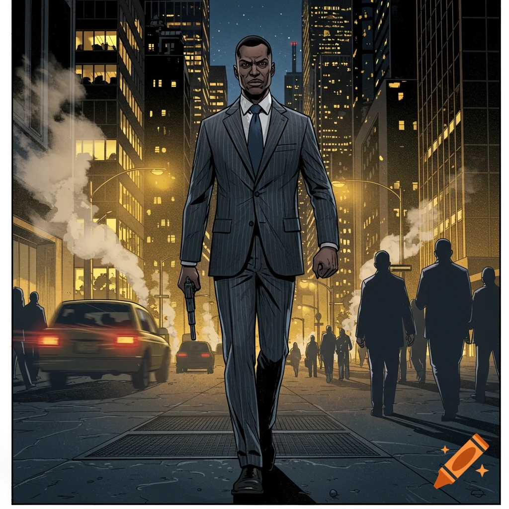 A man in a pinstripe suit walks on a wet city street at night, holding a handgun, in a comic book style.