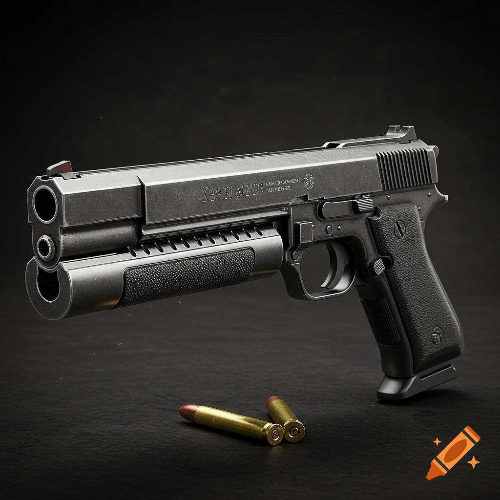 A photorealistic close-up of a large, dark semi-automatic pistol with two bullets on a dark surface.