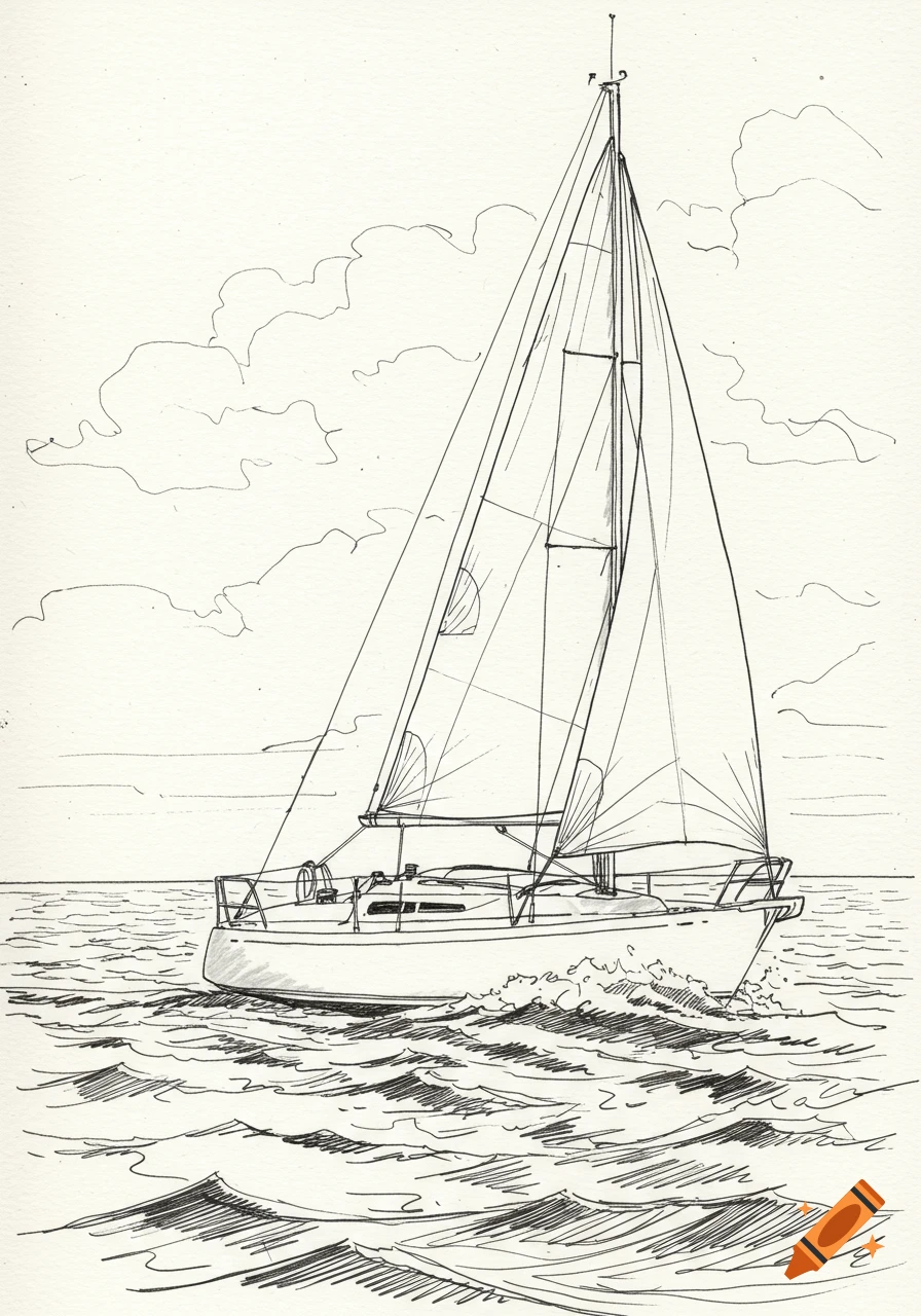 A line drawing of a sailboat on the water with clouds in the background.