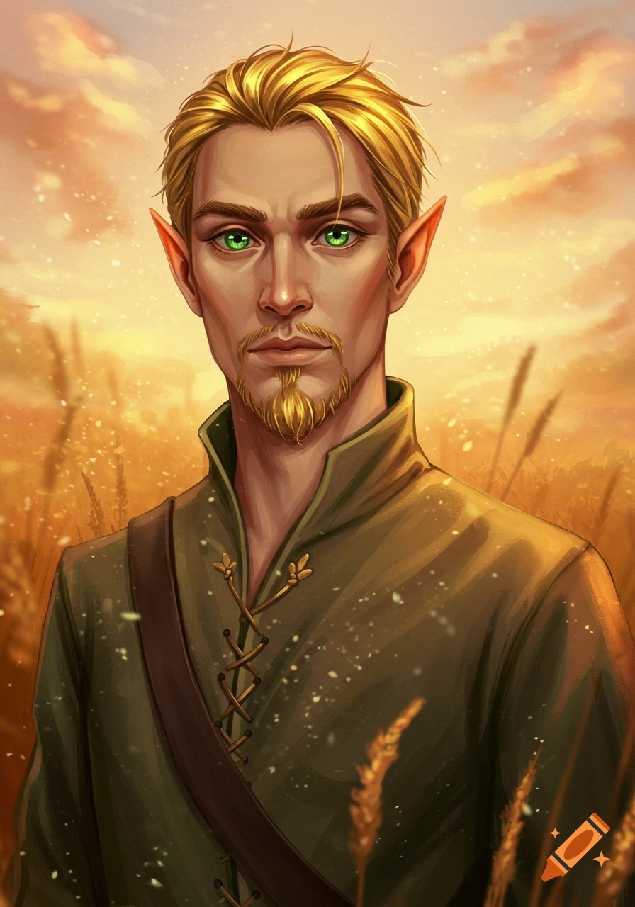 A digital painting of a blond man with pointed ears, a golden goatee, and emerald eyes, wearing a green tunic in a golden wheat field.