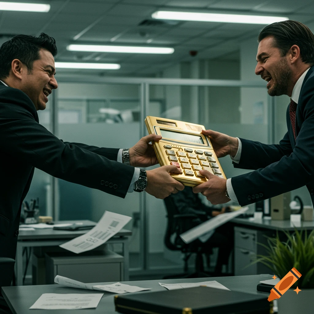 Two smiling businessmen in suits fight over a large golden calculator in a modern office.
