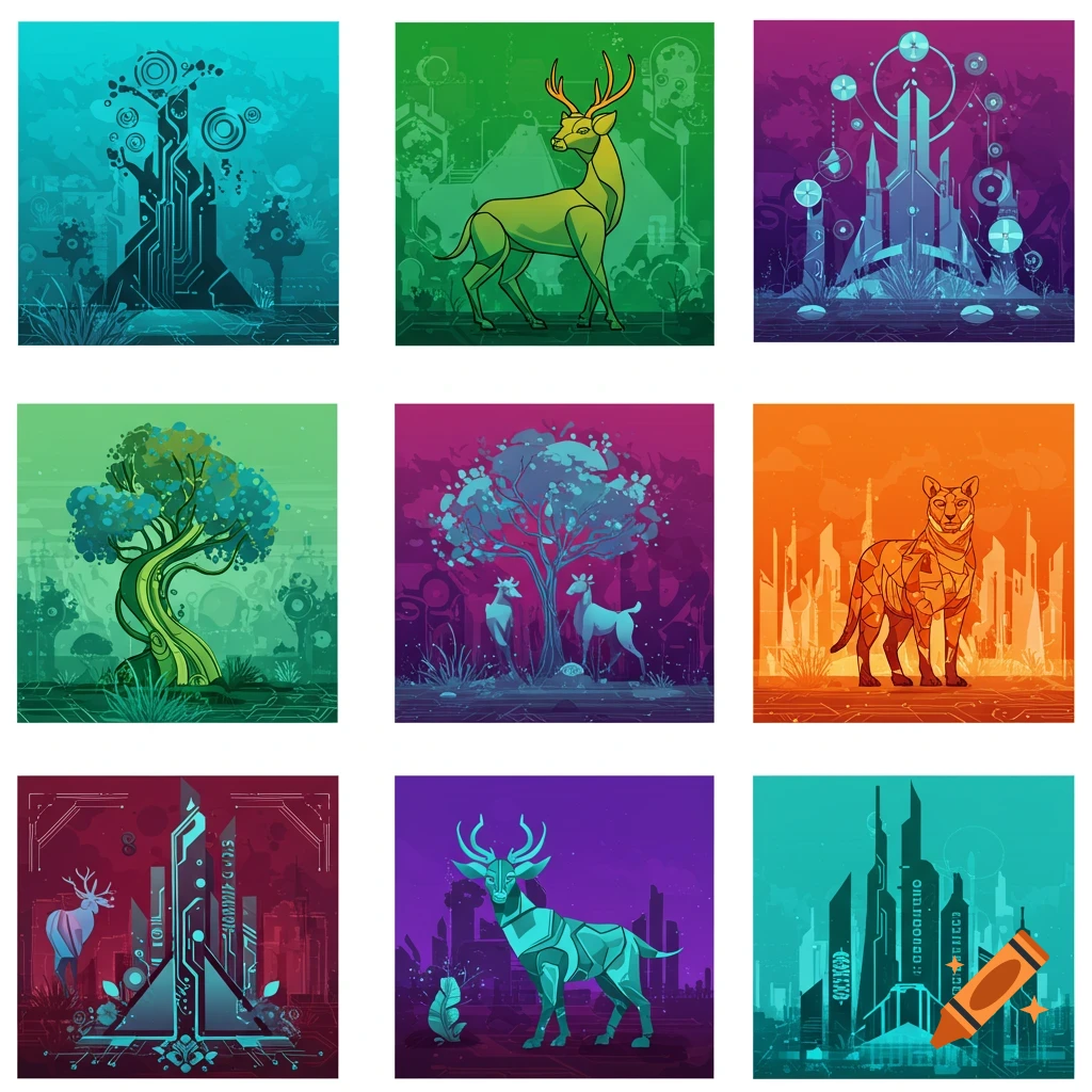 A grid of nine vibrant vector illustrations blending nature and futuristic cyberpunk themes, featuring animals, trees, and cityscapes.