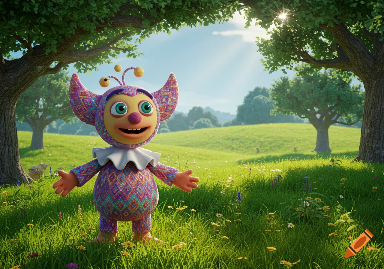A cute, colorful, patterned creature with large eyes and antennae stands in a vibrant green field under a sunny sky with trees.