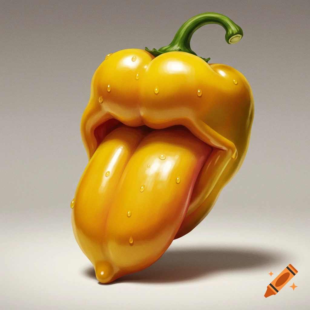 A bright yellow bell pepper with a wet, human-like tongue sticking out, against a grey background.