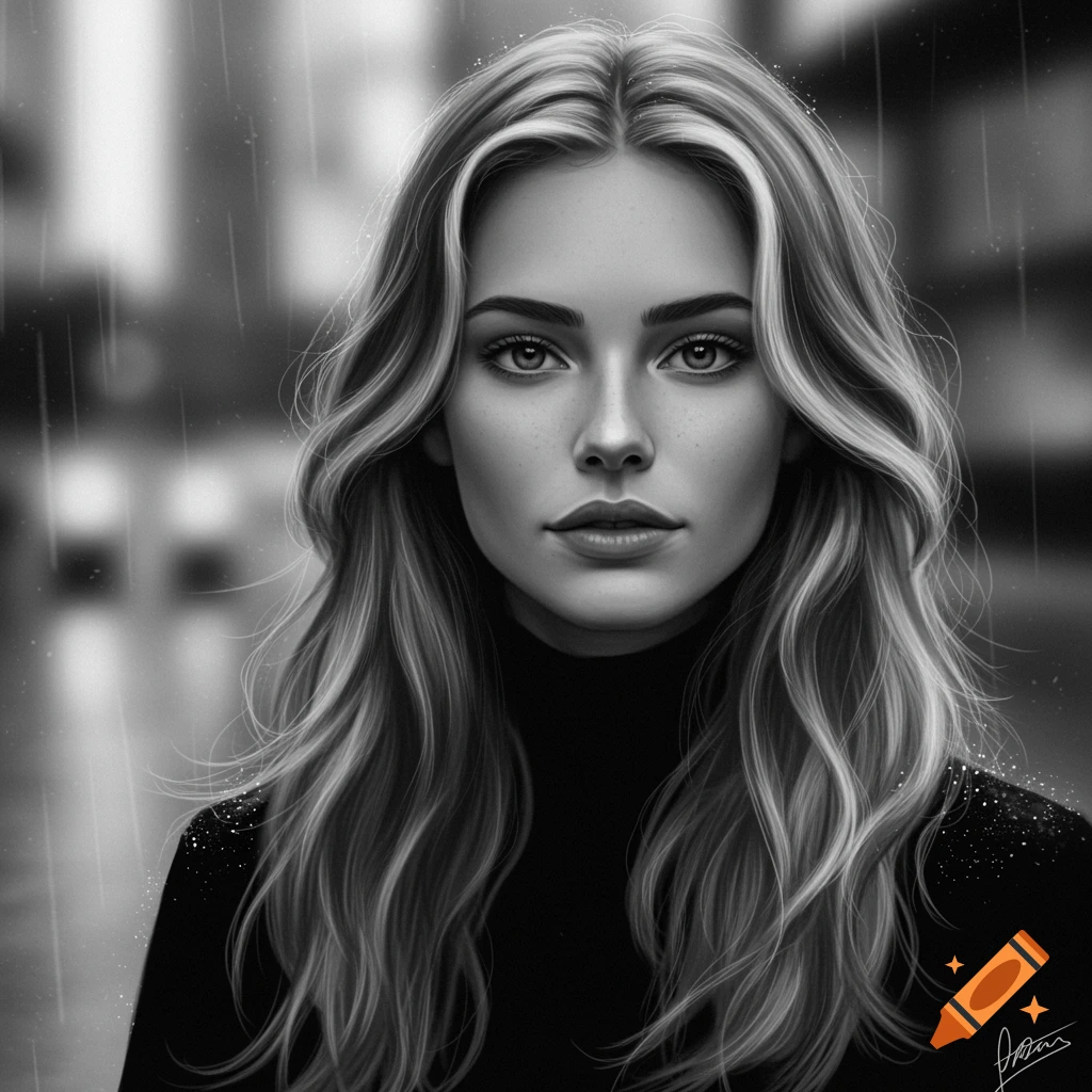 A black and white portrait of a woman with long, wavy hair, looking directly at the viewer, with rain effects.