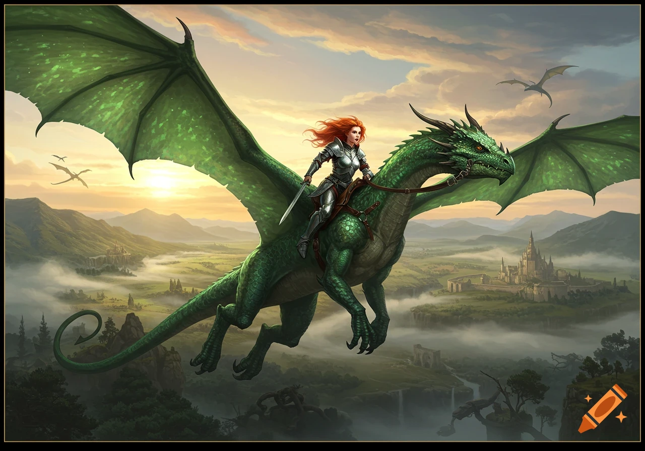 A red-haired woman in armor rides a large green dragon flying over