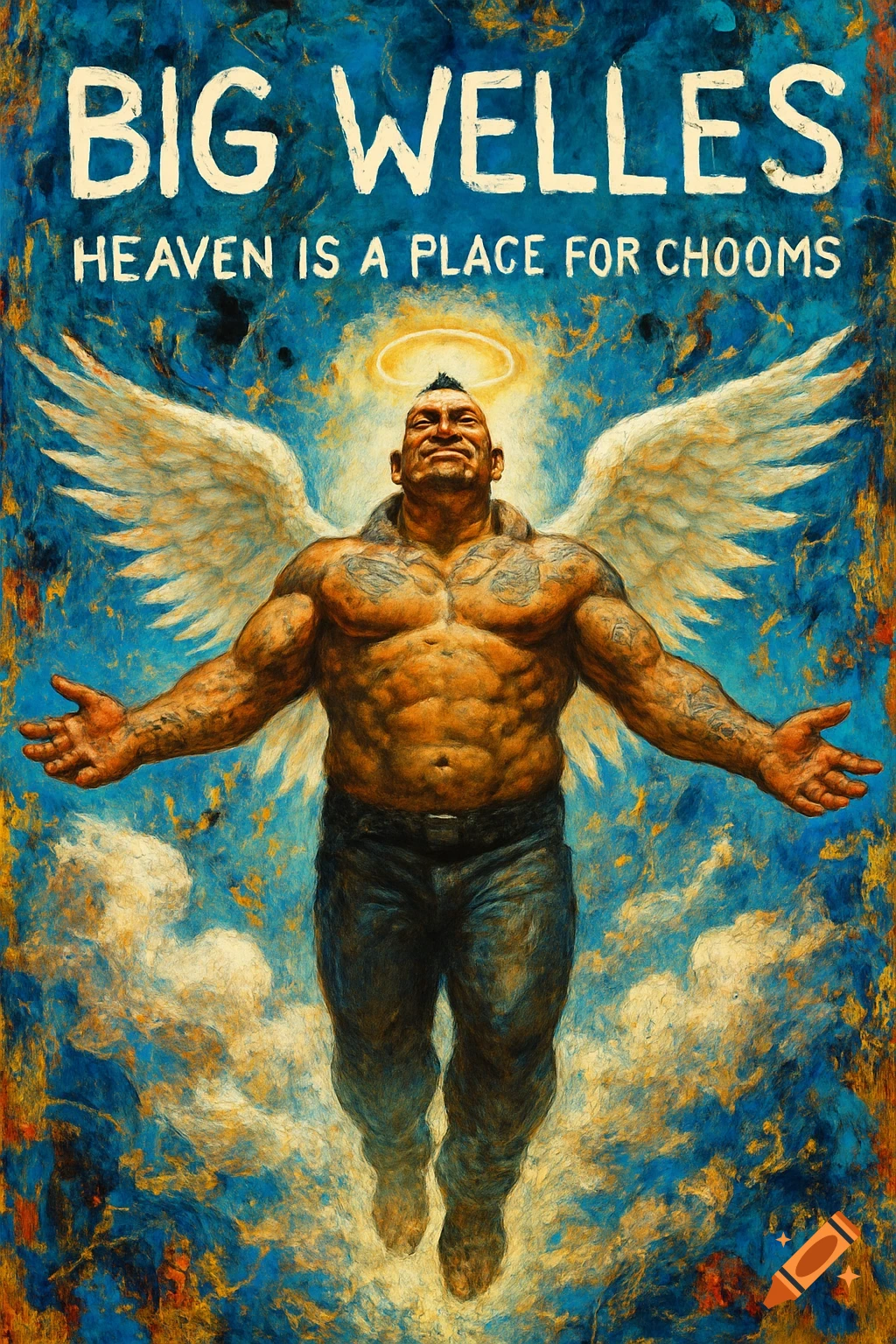 A muscular man with angel wings and a halo floats in a vibrant, Basquiat-style sky with the text "BIG WELLES HEAVEN IS A PLACE FOR CHOOMS" above him.