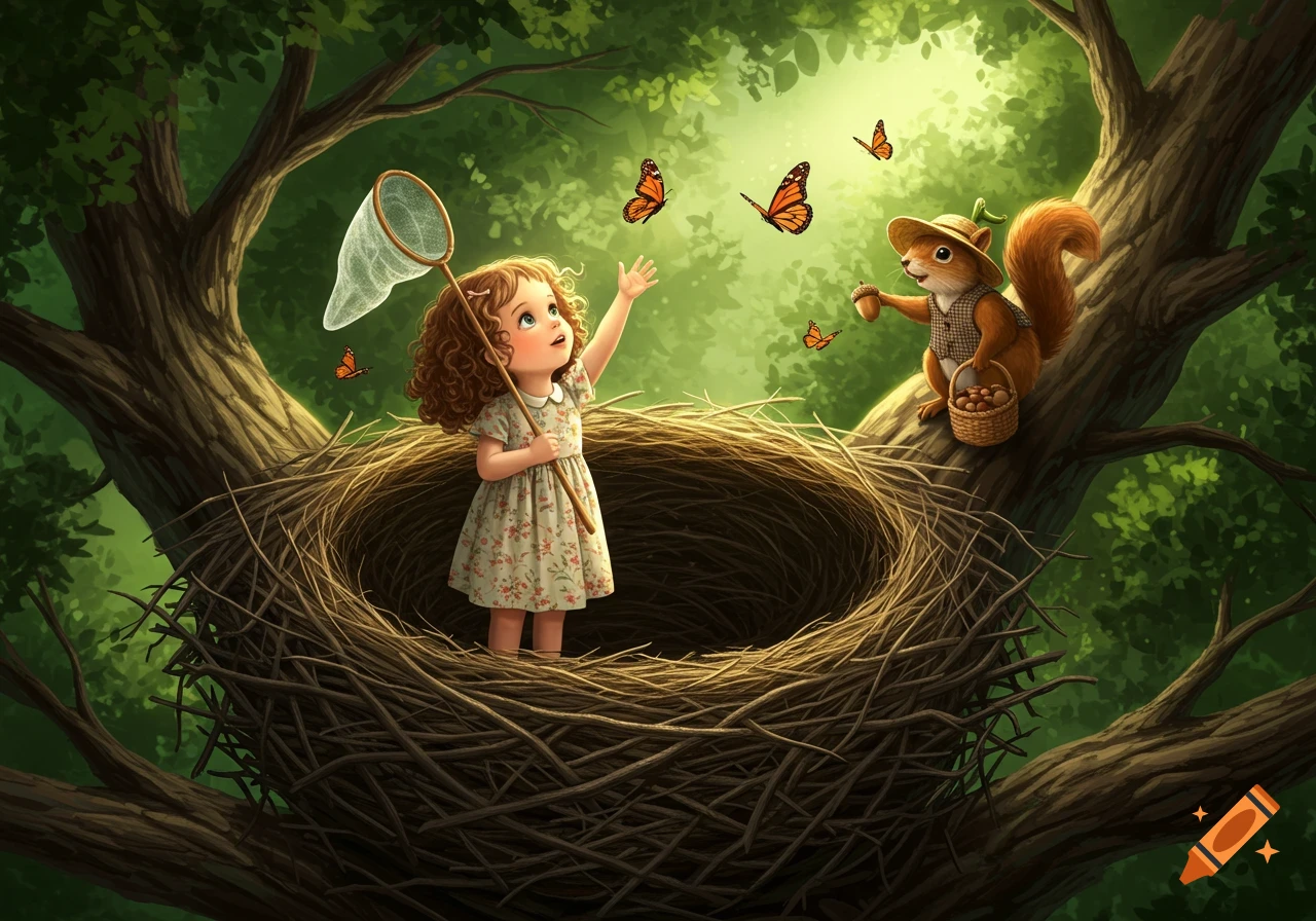 A whimsical illustration: a girl with a net in a giant bird's nest surrounded by butterflies, a squirrel in a hat on a nearby branch.